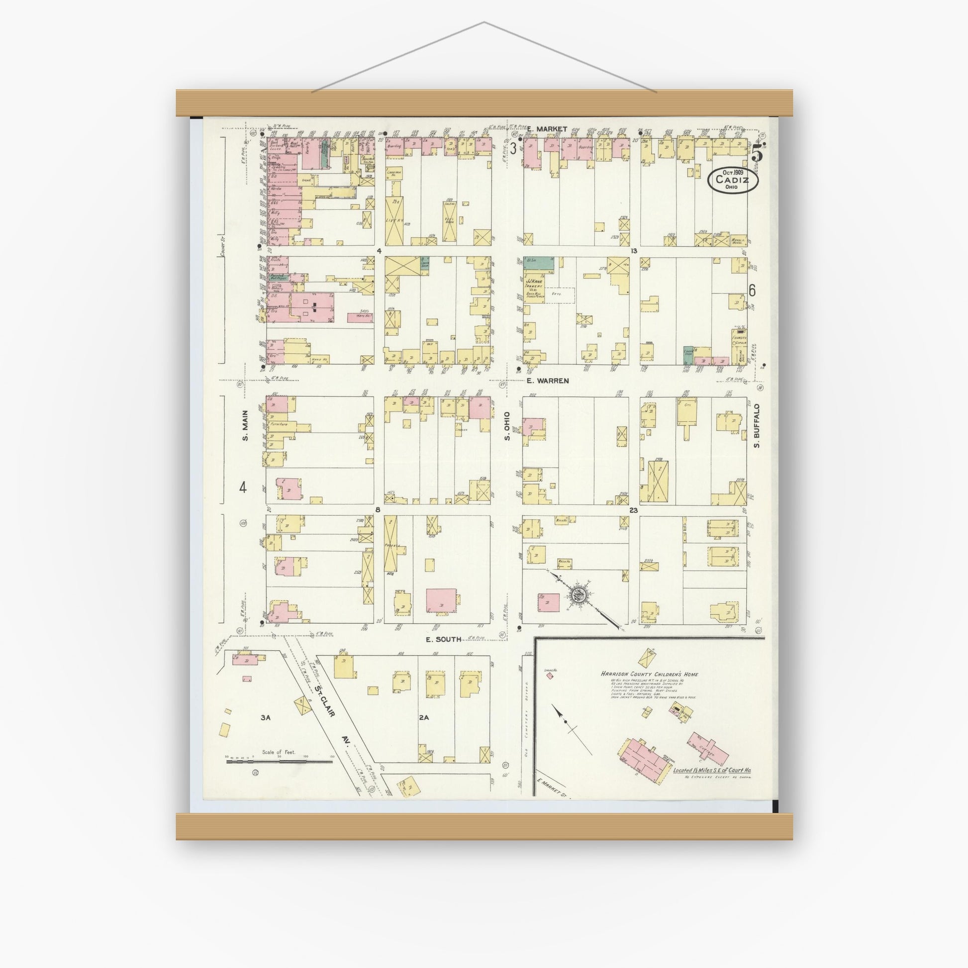 Old map wall art mockup — magnetic wood frame on white wall — Sanborn Fire Insurance Map from Cadiz, Harrison County, Ohio (1909), Sheet #0005