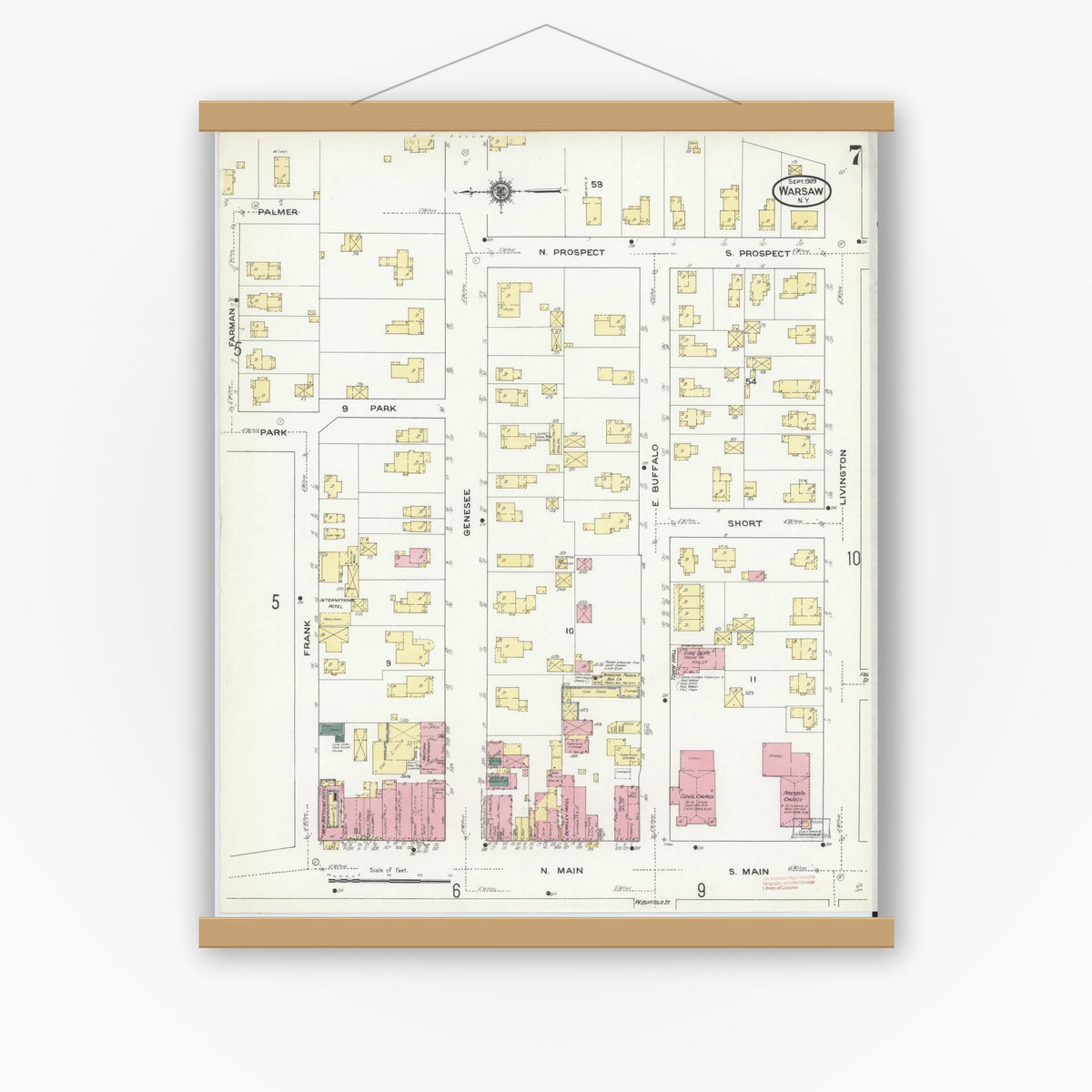 Old map wall art mockup — magnetic wood frame on white wall — Sanborn Fire Insurance Map from Warsaw, Wyoming County, New York (1909), Sheet #0007