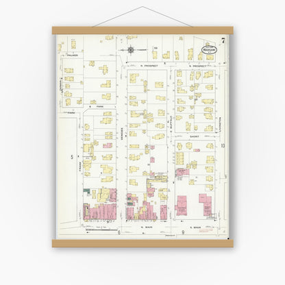 Old map wall art mockup — magnetic wood frame on white wall — Sanborn Fire Insurance Map from Warsaw, Wyoming County, New York (1909), Sheet #0007