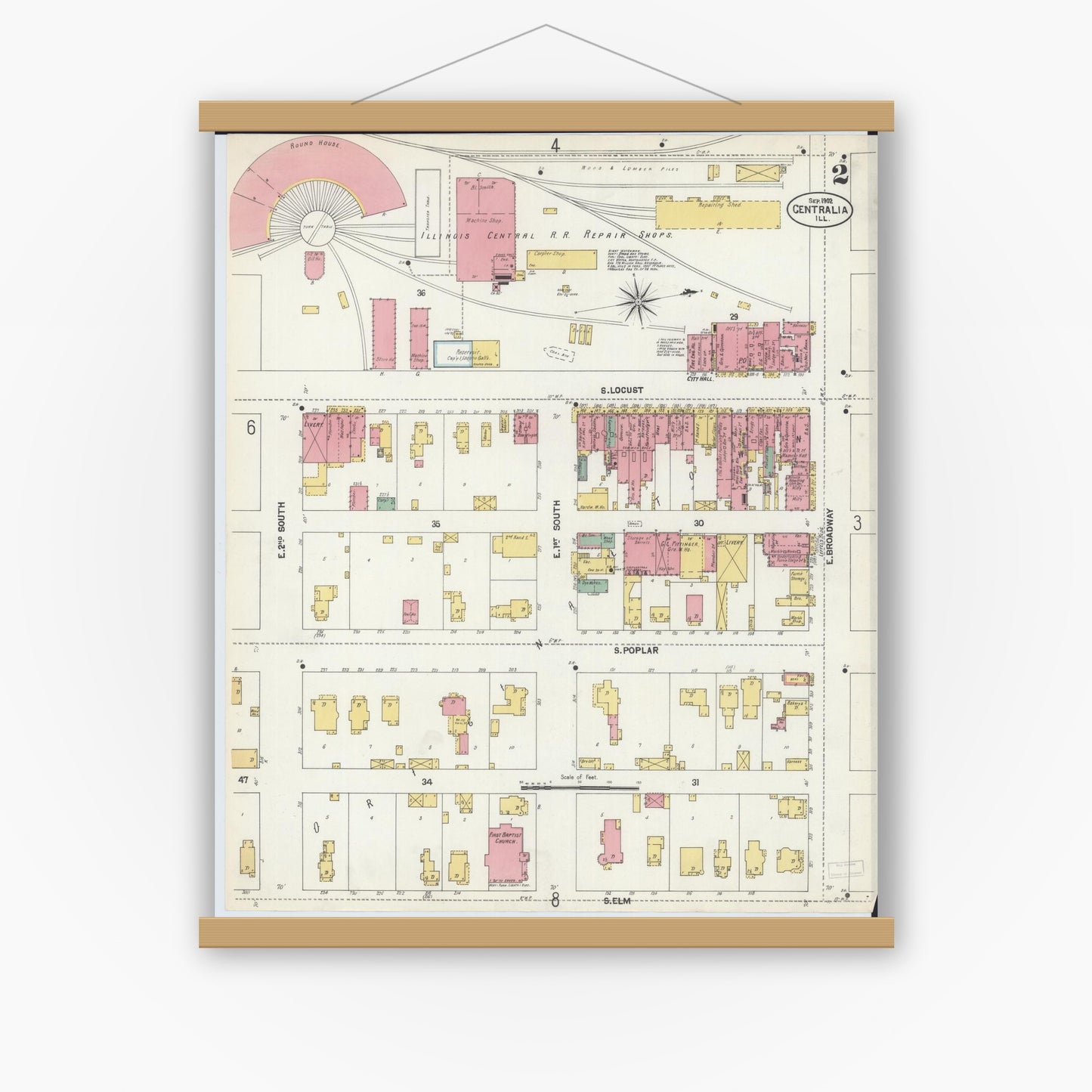 Old map wall art mockup — magnetic wood frame on white wall — Sanborn Fire Insurance Map from Centralia, Marion, Clinton, Jefferson, and Washington Counties, Illinois (1902), Sheet #0002
