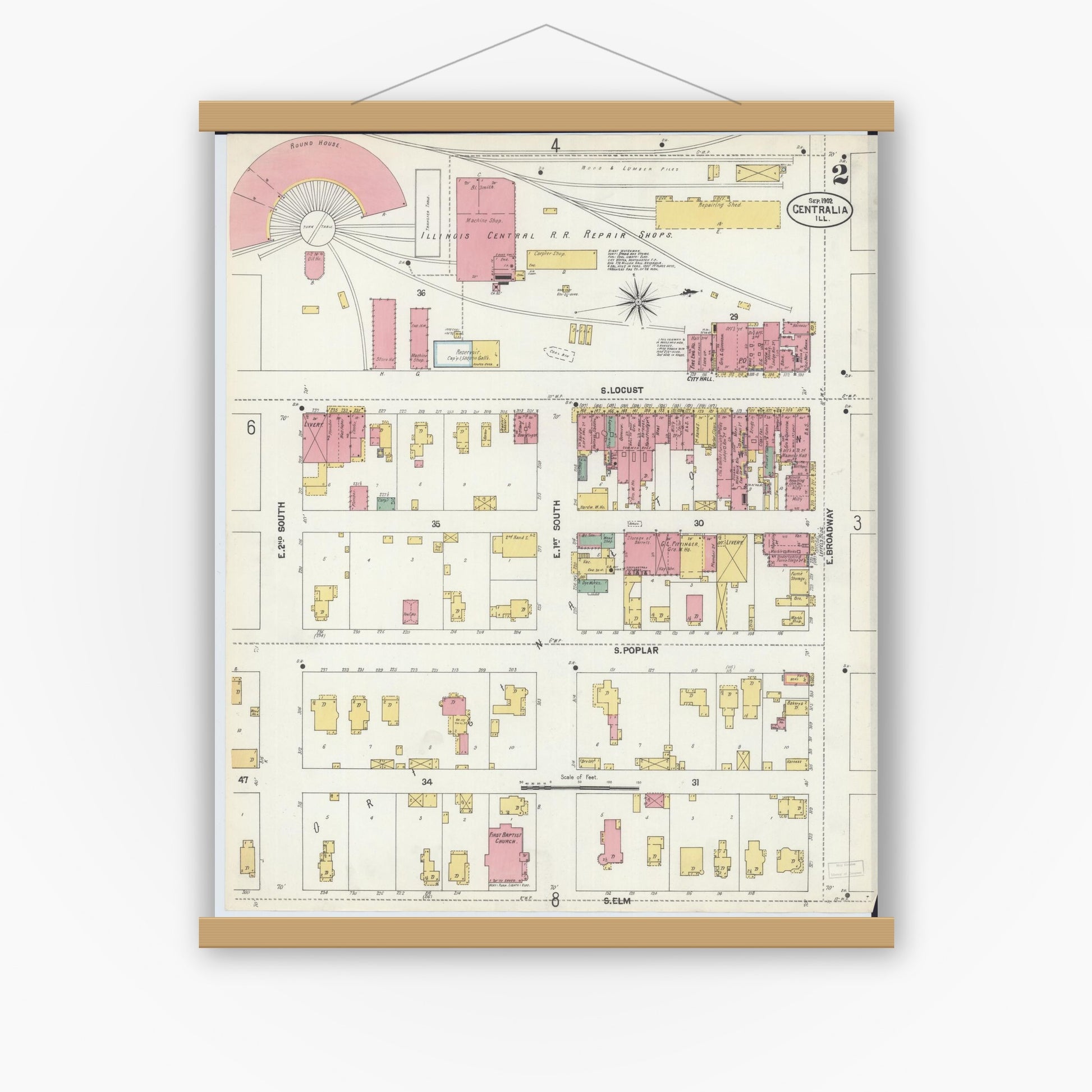 Old map wall art mockup — magnetic wood frame on white wall — Sanborn Fire Insurance Map from Centralia, Marion, Clinton, Jefferson, and Washington Counties, Illinois (1902), Sheet #0002