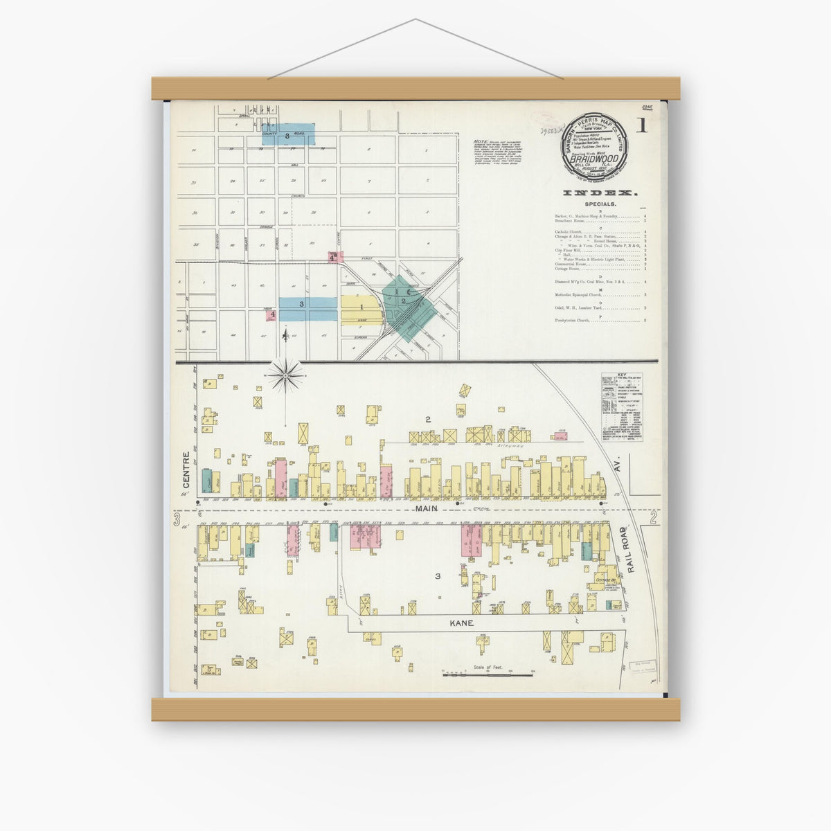 Old map wall art mockup — magnetic wood frame on white wall — Sanborn Fire Insurance Map from Braidwood, Will County, Illinois (1892) - Complete Map Set