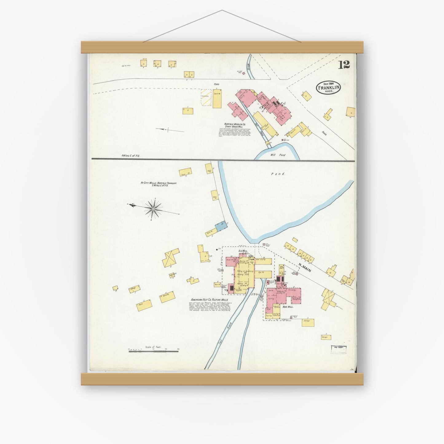 Old map wall art mockup — magnetic wood frame on white wall — Sanborn Fire Insurance Map from Franklin, Norfolk County, Massachusetts (1904), Sheet #0012