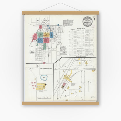 Old map wall art mockup — magnetic wood frame on white wall — Sanborn Fire Insurance Map from Carlinville, Macoupin County, Illinois (1906) - Complete Map Set