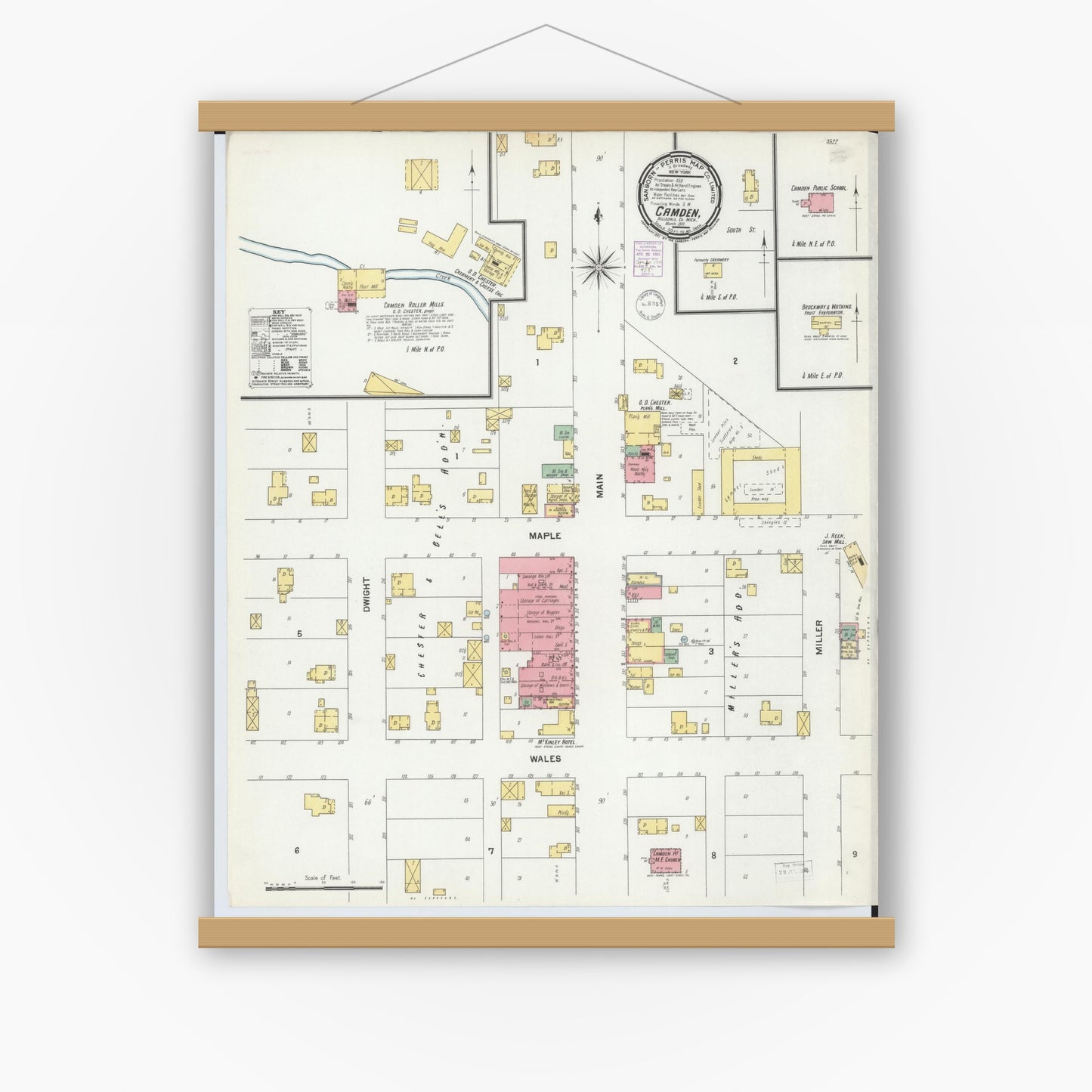 Old map wall art mockup — magnetic wood frame on white wall — Sanborn Fire Insurance Map from Camden, Hillsdale County, Michigan (1901), Sheet #0001