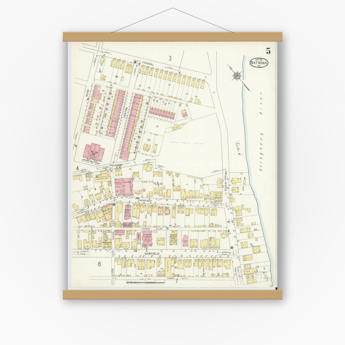 Old map wall art mockup — magnetic wood frame on white wall — Sanborn Fire Insurance Map from Natrona, Allegheny County, Pennsylvania (1912), Sheet #0005