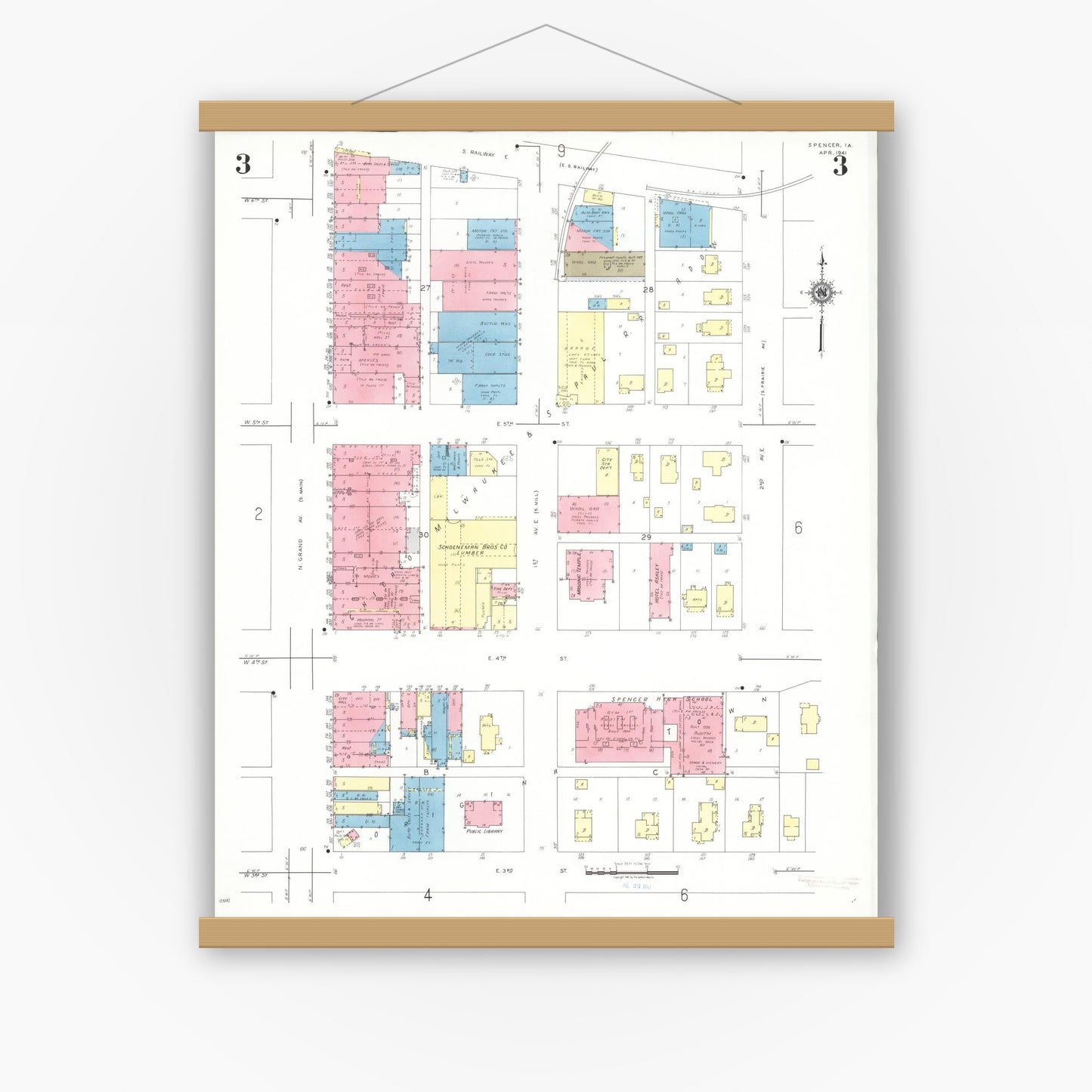 Old map wall art mockup — magnetic wood frame on white wall — Sanborn Fire Insurance Map from Spencer, Clay County, Iowa (1941), Sheet #0003
