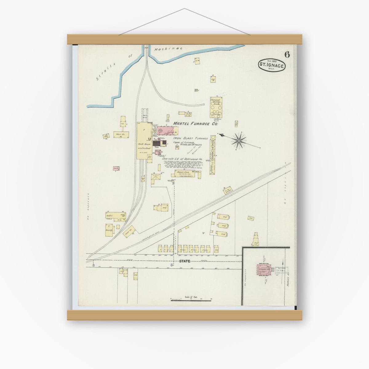Old map wall art mockup — magnetic wood frame on white wall — Sanborn Fire Insurance Map from Saint Ignace, Mackinac County, Michigan (1890), Sheet #0006