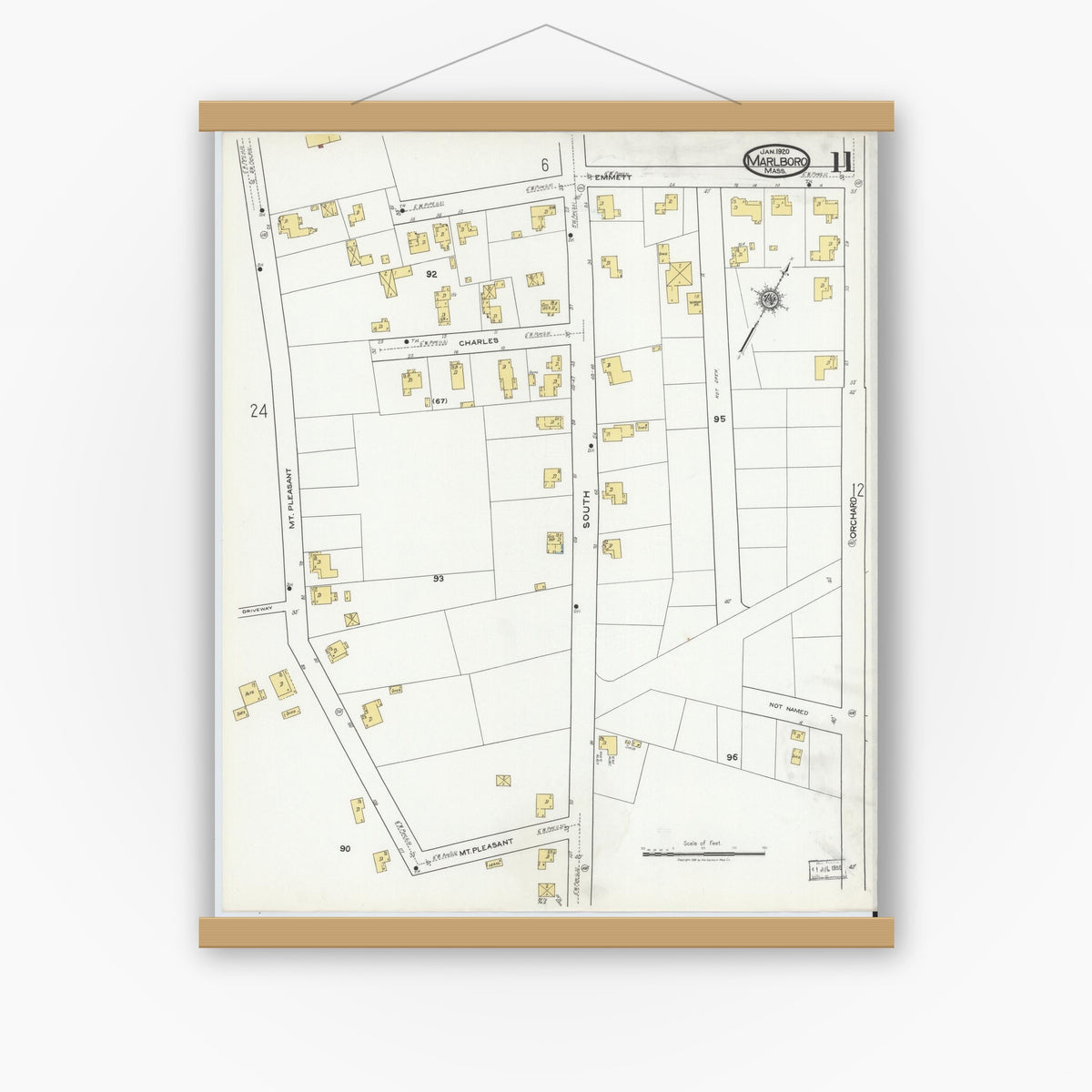 Old map wall art mockup — magnetic wood frame on white wall — Sanborn Fire Insurance Map from Marlborough, Middlesex County, Massachusetts (1920), Sheet #0011