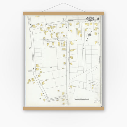 Old map wall art mockup — magnetic wood frame on white wall — Sanborn Fire Insurance Map from Marlborough, Middlesex County, Massachusetts (1920), Sheet #0011