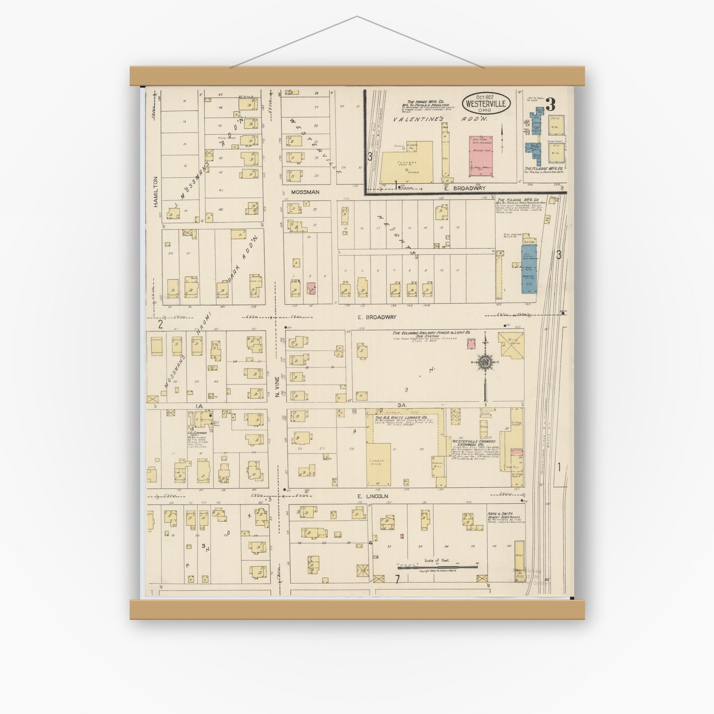 Old map wall art mockup — magnetic wood frame on white wall — Sanborn Fire Insurance Map from Westerville, Franklin County, Ohio (1922), Sheet #0003