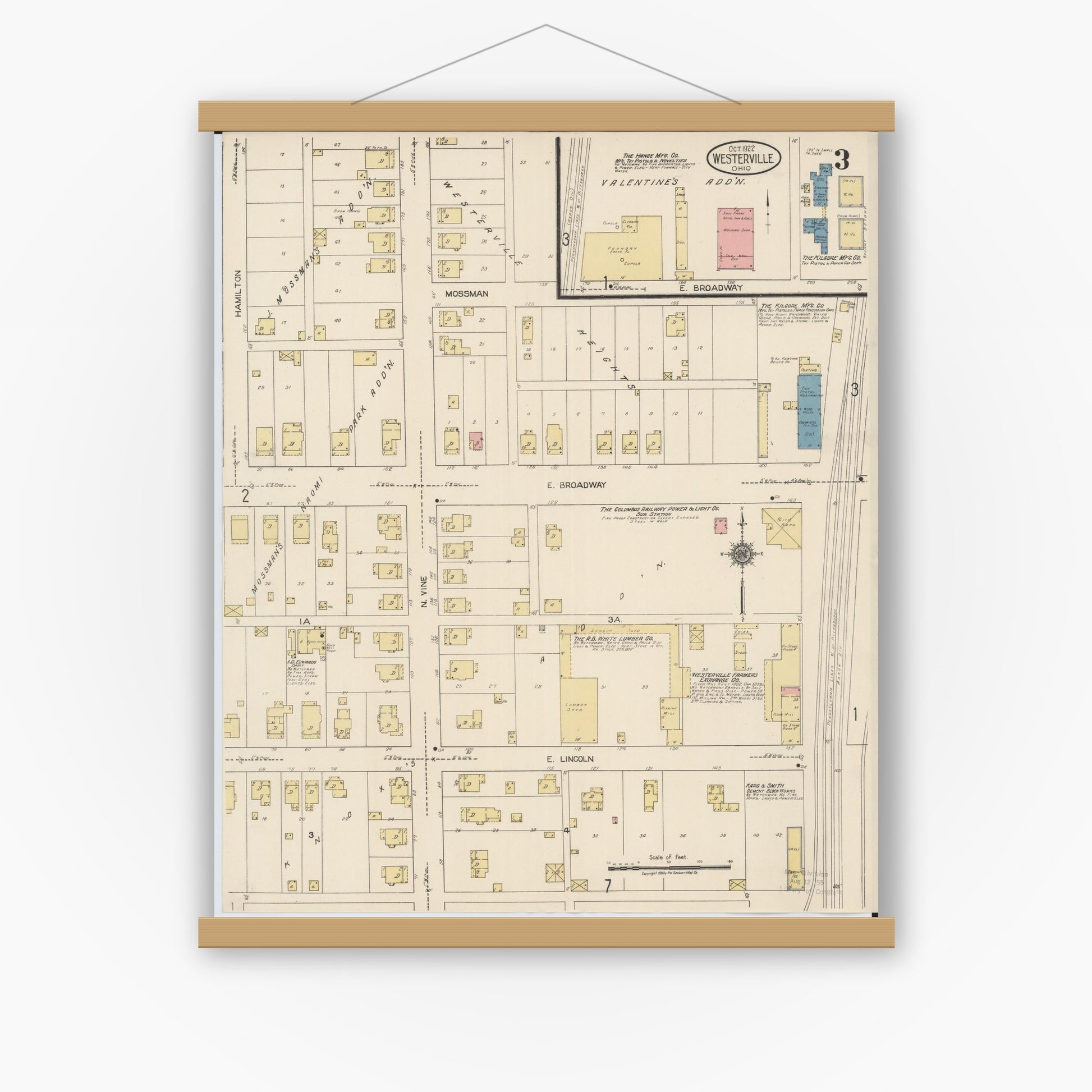 Old map wall art mockup — magnetic wood frame on white wall — Sanborn Fire Insurance Map from Westerville, Franklin County, Ohio (1922), Sheet #0003