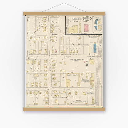 Old map wall art mockup — magnetic wood frame on white wall — Sanborn Fire Insurance Map from Westerville, Franklin County, Ohio (1922), Sheet #0003