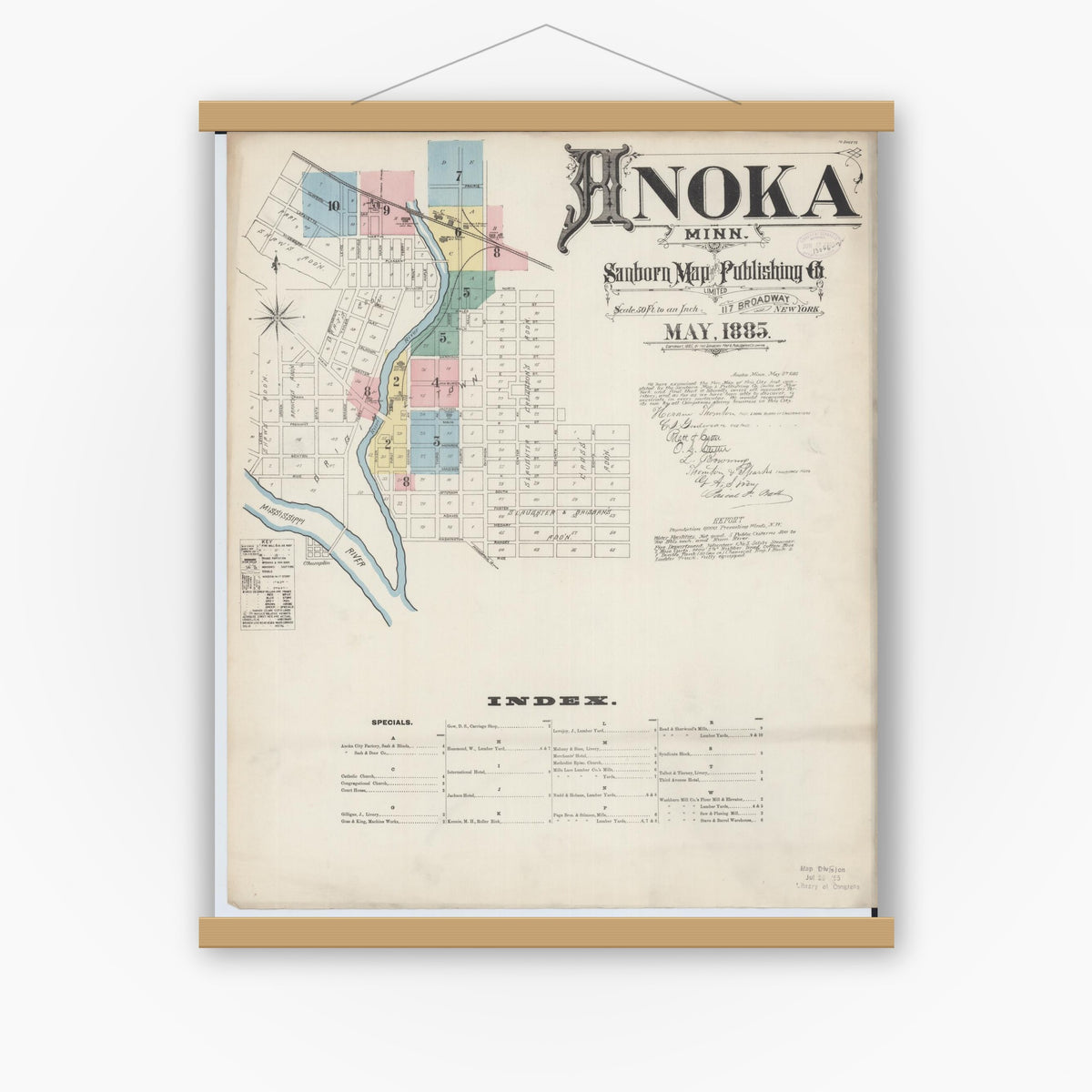 Old map wall art mockup — magnetic wood frame on white wall — Sanborn Fire Insurance Map from Anoka, Anoka County, Minnesota (1885), Sheet #0001