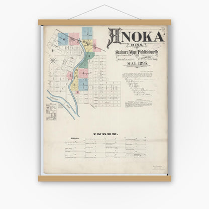 Old map wall art mockup — magnetic wood frame on white wall — Sanborn Fire Insurance Map from Anoka, Anoka County, Minnesota (1885), Sheet #0001