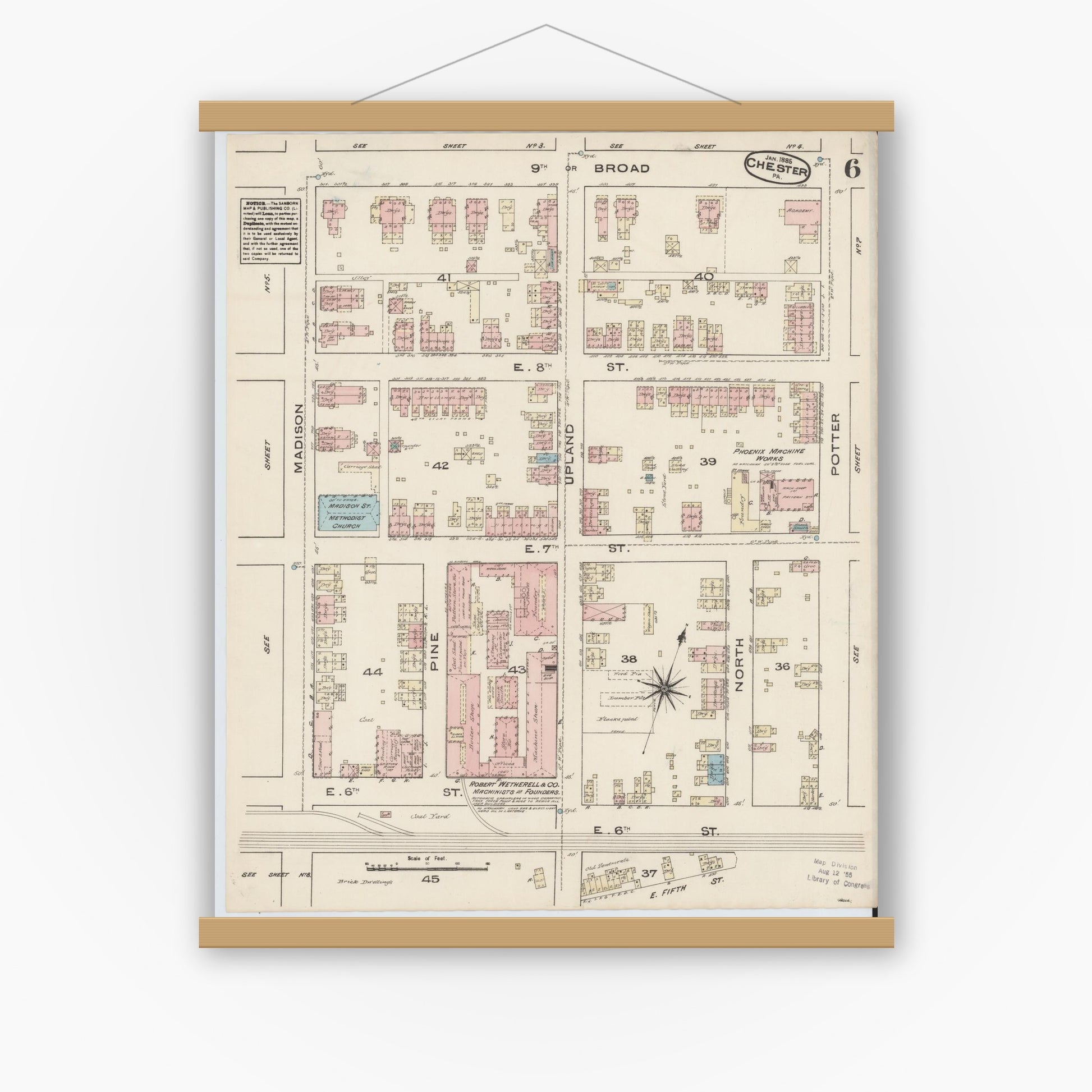 Old map wall art mockup — magnetic wood frame on white wall — Sanborn Fire Insurance Map from Chester, Delaware County, Pennsylvania (1885), Sheet #0006
