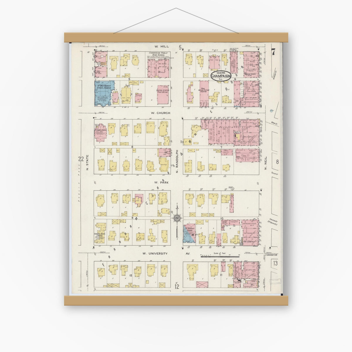 Old map wall art mockup — magnetic wood frame on white wall — Sanborn Fire Insurance Map from Champaign, Champaign County, Illinois (1915), Sheet #0007