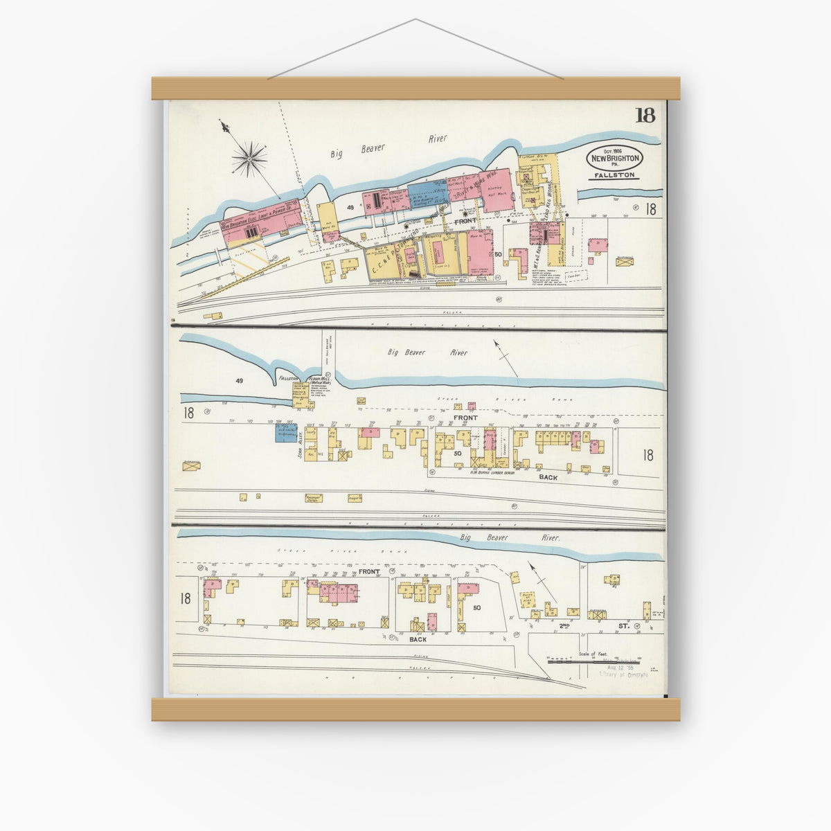 Old map wall art mockup — magnetic wood frame on white wall — Sanborn Fire Insurance Map from New Brighton, Beaver County, Pennsylvania (1906), Sheet #0018