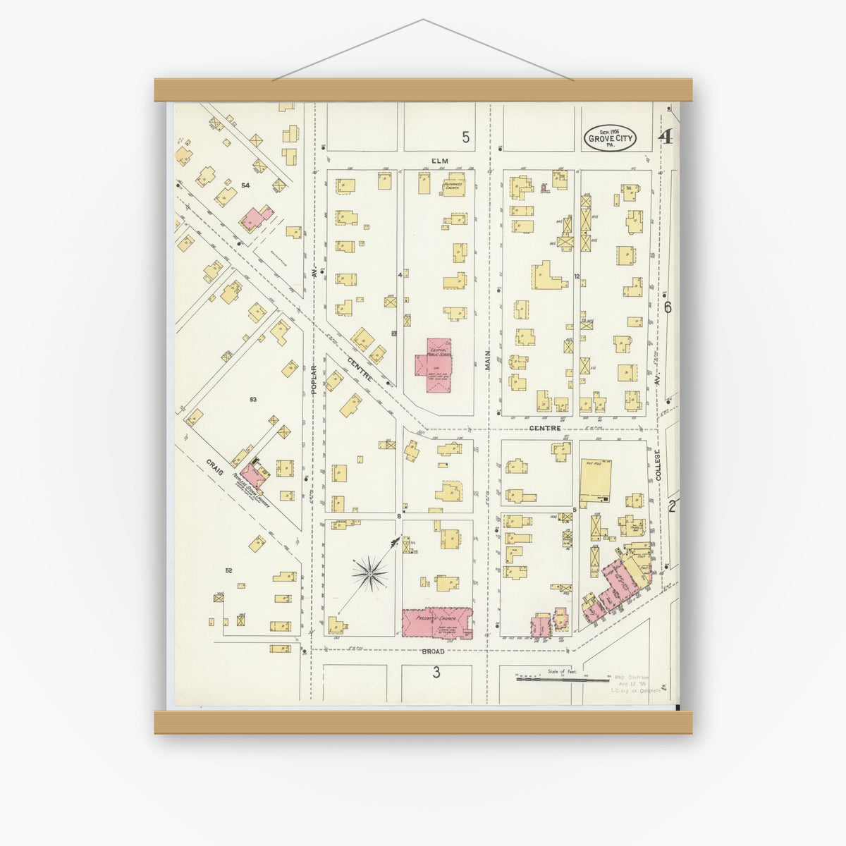 Old map wall art mockup — magnetic wood frame on white wall — Sanborn Fire Insurance Map from Grove City, Mercer County, Pennsylvania (1906), Sheet #0004