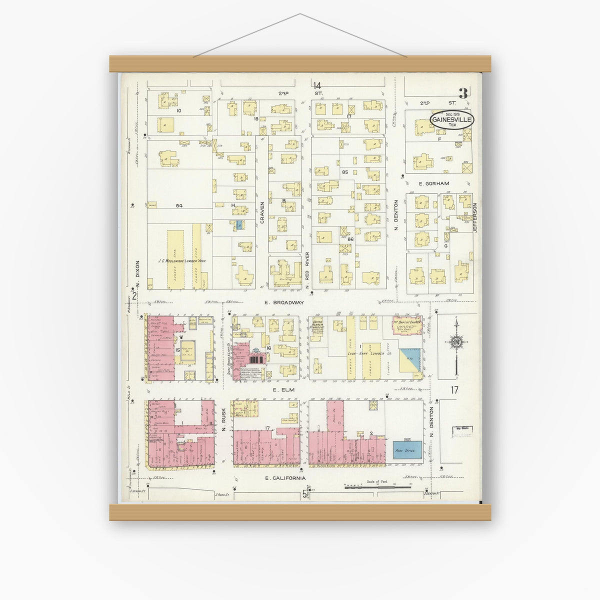 Old map wall art mockup — magnetic wood frame on white wall — Sanborn Fire Insurance Map from Gainesville, Cooke County, Texas (1913), Sheet #0003