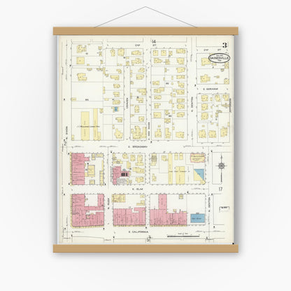 Old map wall art mockup — magnetic wood frame on white wall — Sanborn Fire Insurance Map from Gainesville, Cooke County, Texas (1913), Sheet #0003