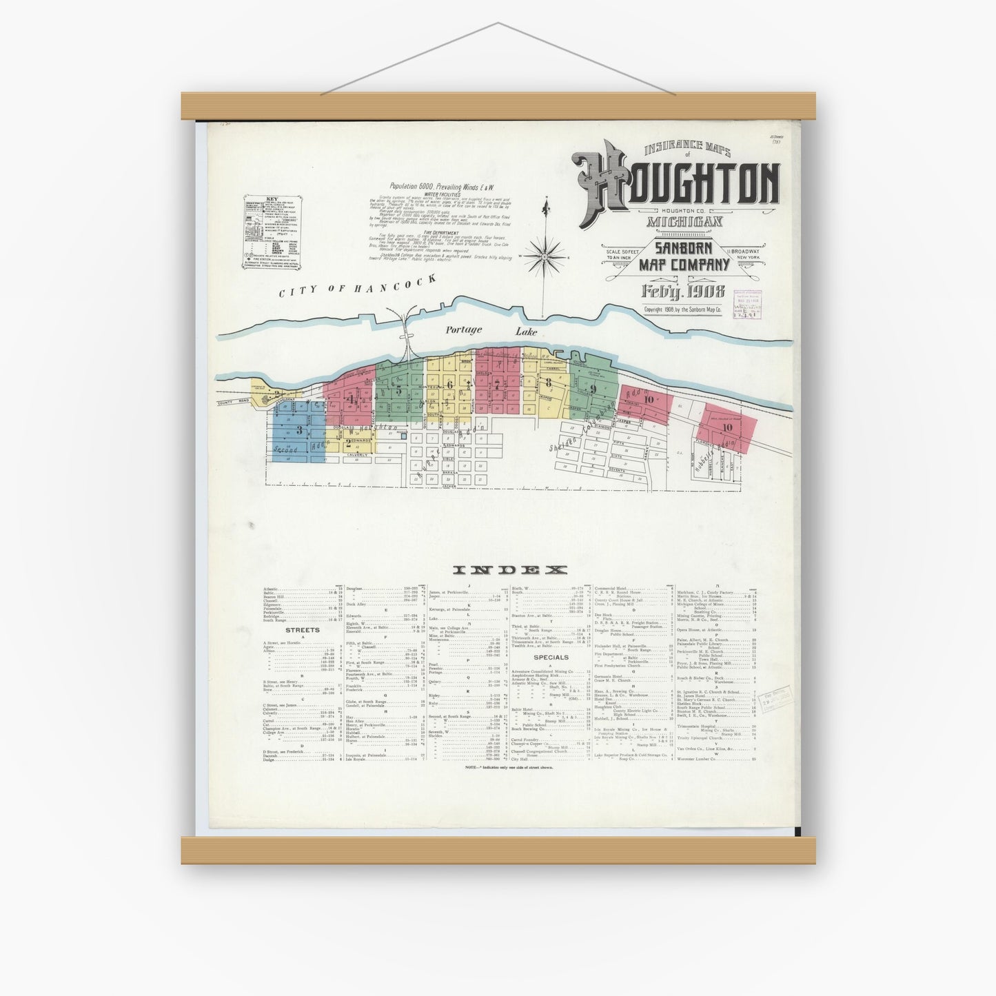 Old map wall art mockup — magnetic wood frame on white wall — Sanborn Fire Insurance Map from Houghton, Houghton County, Michigan (1908), Sheet #0001