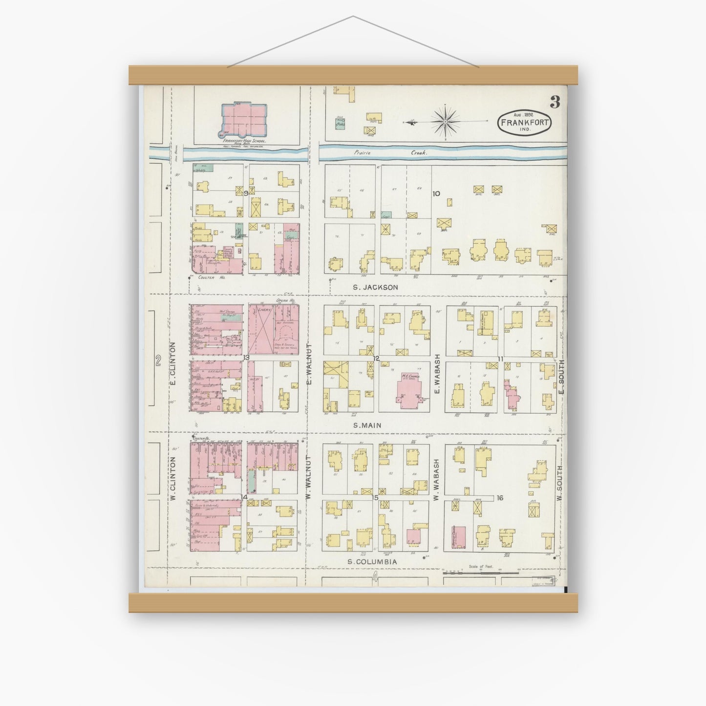 Old map wall art mockup — magnetic wood frame on white wall — Sanborn Fire Insurance Map from Frankfort, Clinton County, Indiana (1892), Sheet #0003