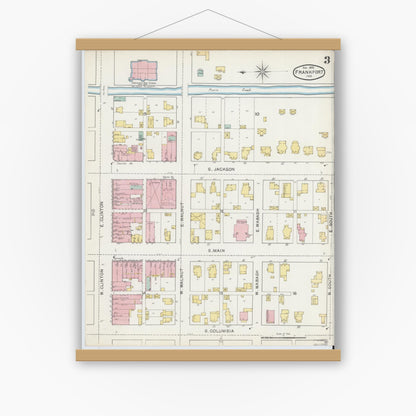 Old map wall art mockup — magnetic wood frame on white wall — Sanborn Fire Insurance Map from Frankfort, Clinton County, Indiana (1892), Sheet #0003