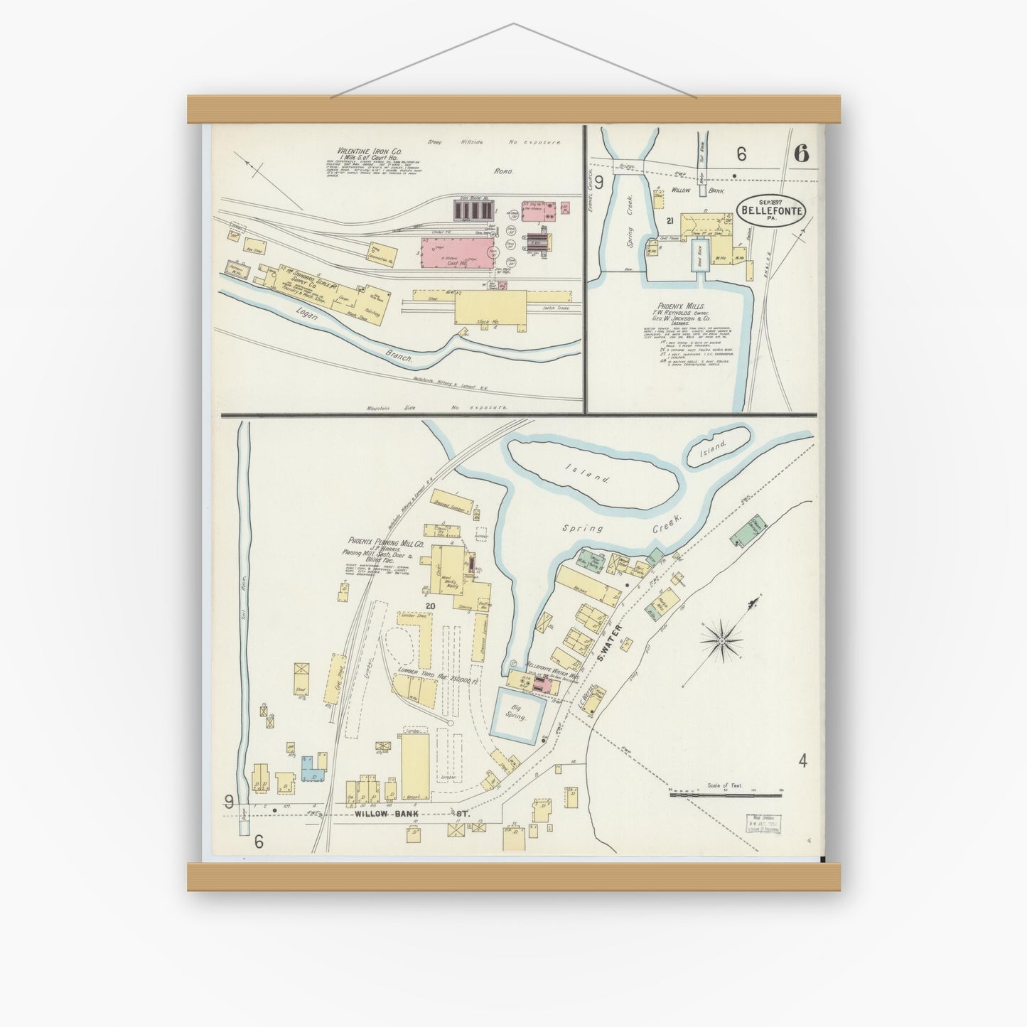 Old map wall art mockup — magnetic wood frame on white wall — Sanborn Fire Insurance Map from Bellefonte, Centre County, Pennsylvania (1897), Sheet #0006
