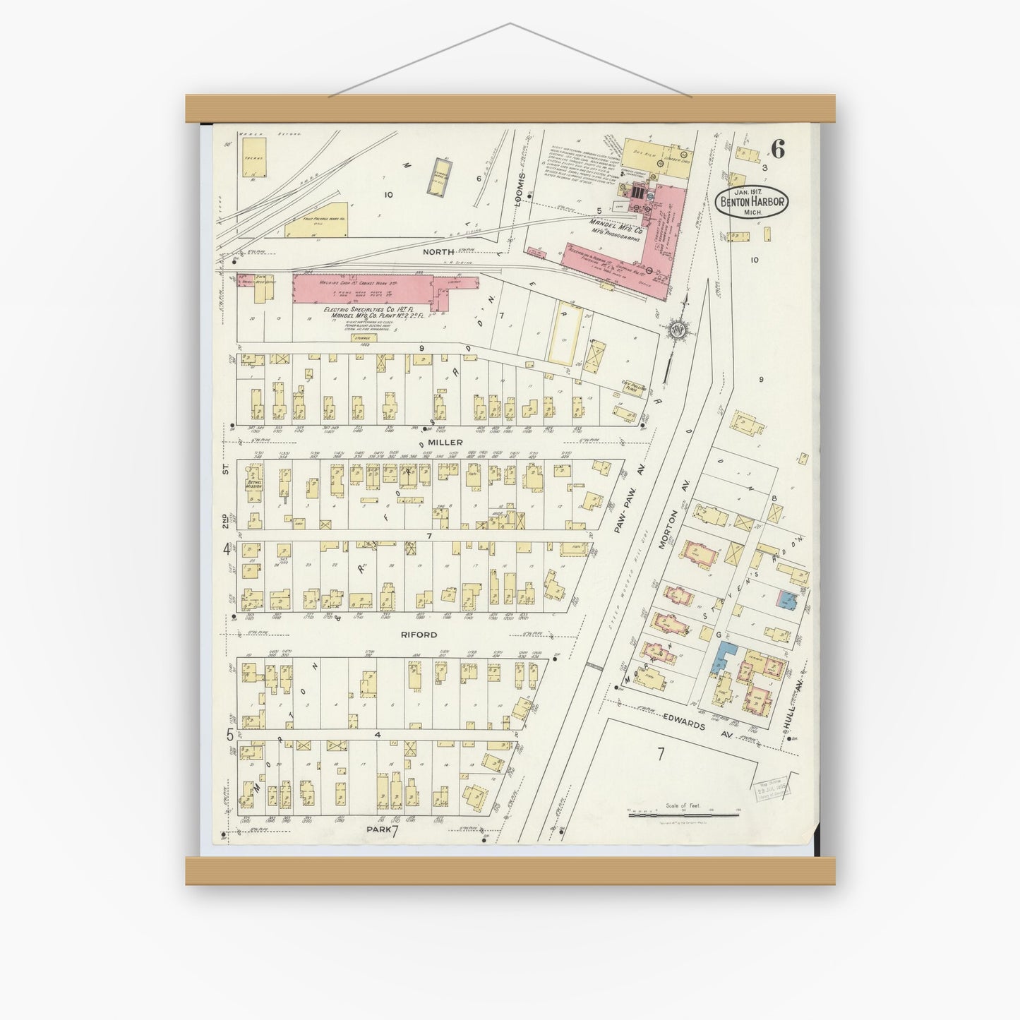 Old map wall art mockup — magnetic wood frame on white wall — Sanborn Fire Insurance Map from Benton Harbor, Berrien County, Michigan (1917), Sheet #0006