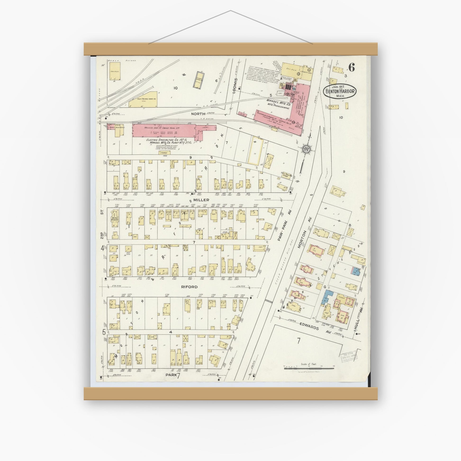 Old map wall art mockup — magnetic wood frame on white wall — Sanborn Fire Insurance Map from Benton Harbor, Berrien County, Michigan (1917), Sheet #0006