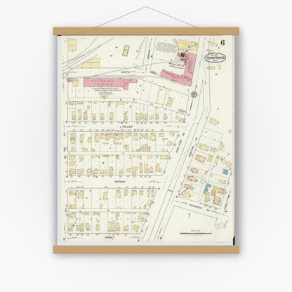 Old map wall art mockup — magnetic wood frame on white wall — Sanborn Fire Insurance Map from Benton Harbor, Berrien County, Michigan (1917), Sheet #0006