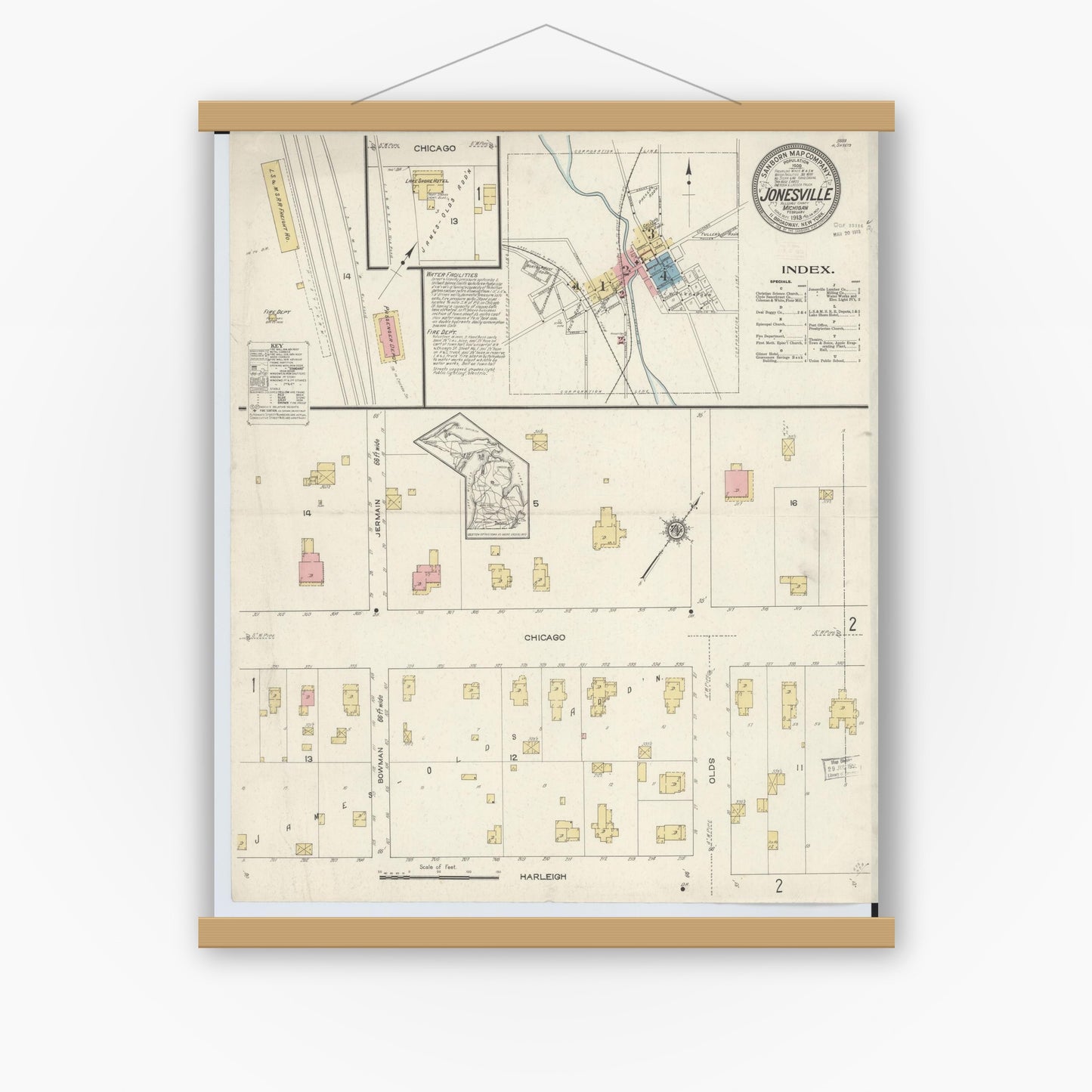 Old map wall art mockup — magnetic wood frame on white wall — Sanborn Fire Insurance Map from Jonesville, Hillsdale County, Michigan (1913) - Complete Map Set