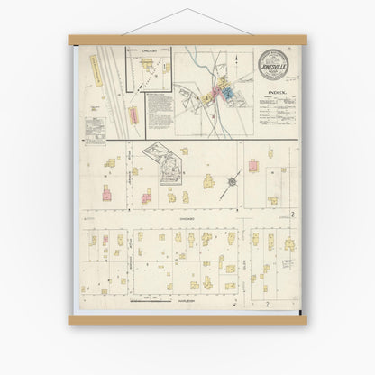 Old map wall art mockup — magnetic wood frame on white wall — Sanborn Fire Insurance Map from Jonesville, Hillsdale County, Michigan (1913) - Complete Map Set