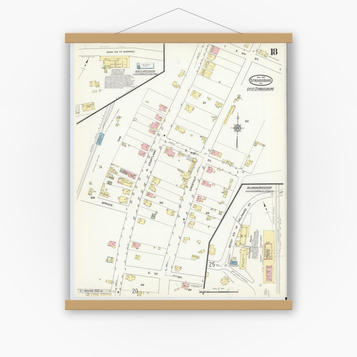 Old map wall art mockup — magnetic wood frame on white wall — Sanborn Fire Insurance Map from Stroudsburg, Monroe County, Pennsylvania (1912), Sheet #0018