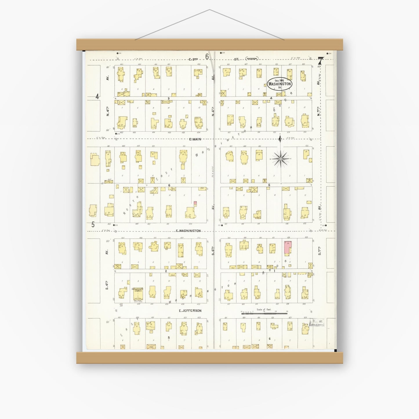 Old map wall art mockup — magnetic wood frame on white wall — Sanborn Fire Insurance Map from Washington, Washington County, Iowa (1902), Sheet #0007