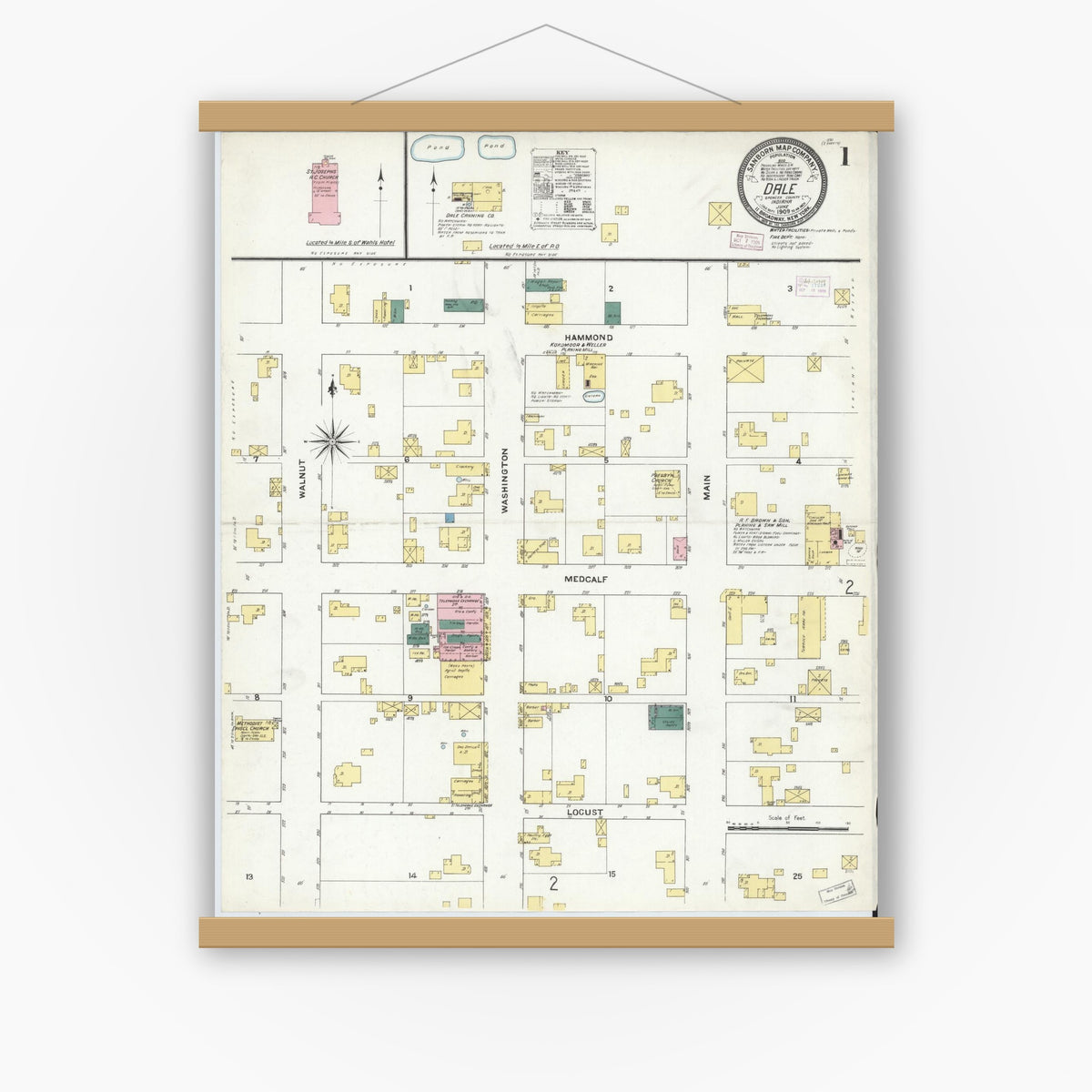 Old map wall art mockup — magnetic wood frame on white wall — Sanborn Fire Insurance Map from Dale, Spencer County, Indiana (1909), Sheet #0001