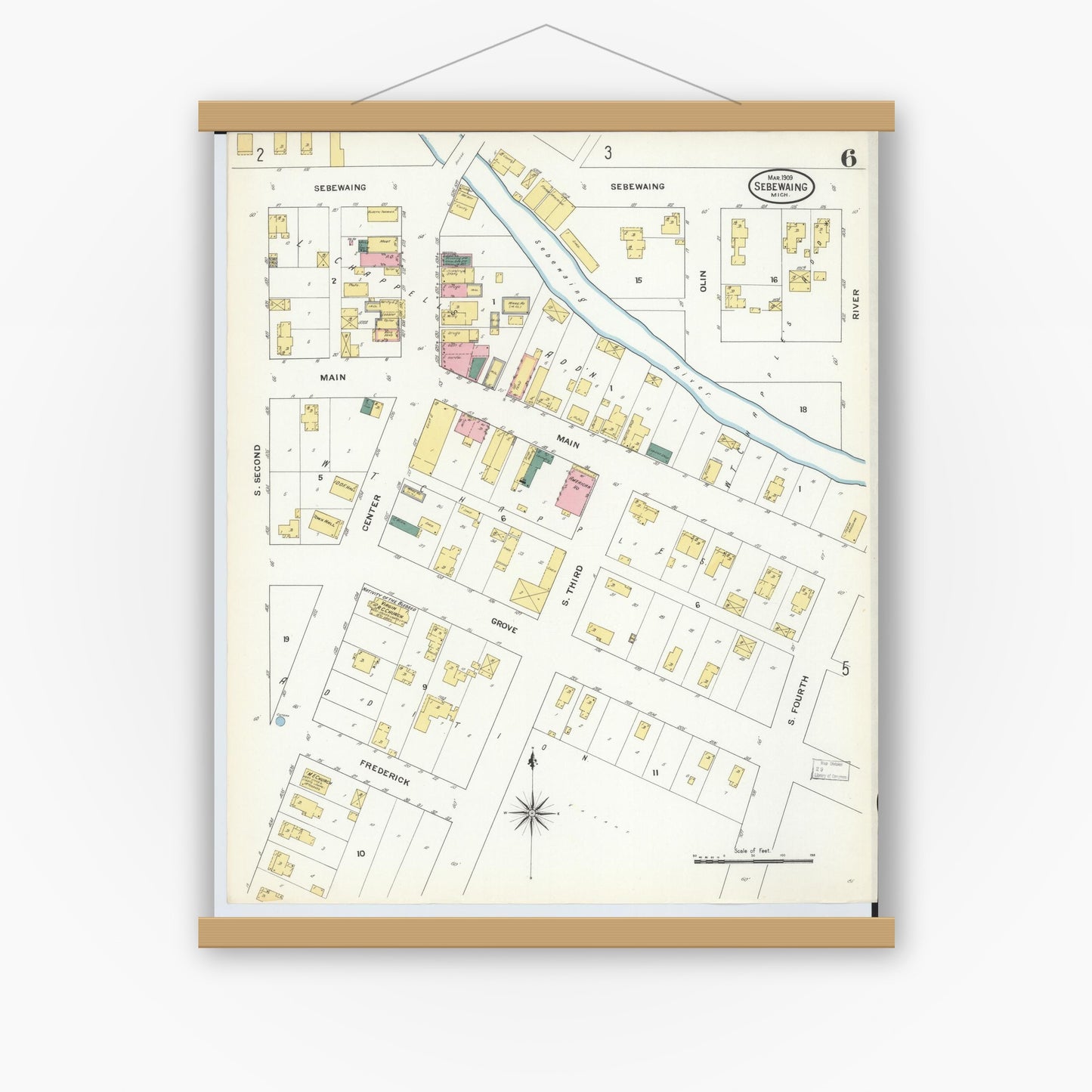 Old map wall art mockup — magnetic wood frame on white wall — Sanborn Fire Insurance Map from Sebewaing, Huron County, Michigan (1909), Sheet #0006