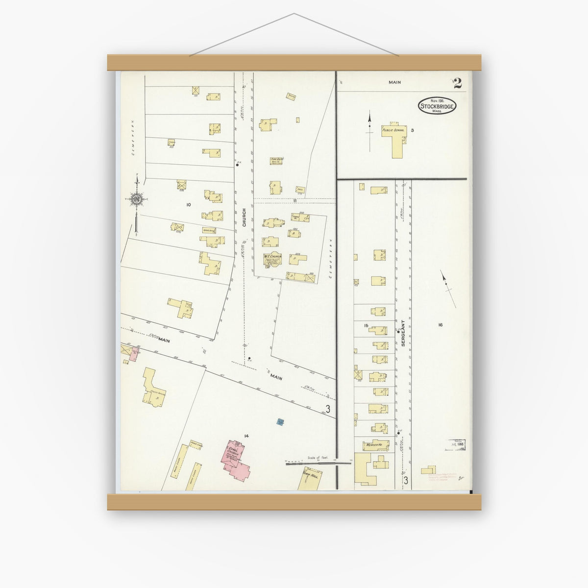 Old map wall art mockup — magnetic wood frame on white wall — Sanborn Fire Insurance Map from Stockbridge, Berkshire County, Massachusetts (1911), Sheet #0002