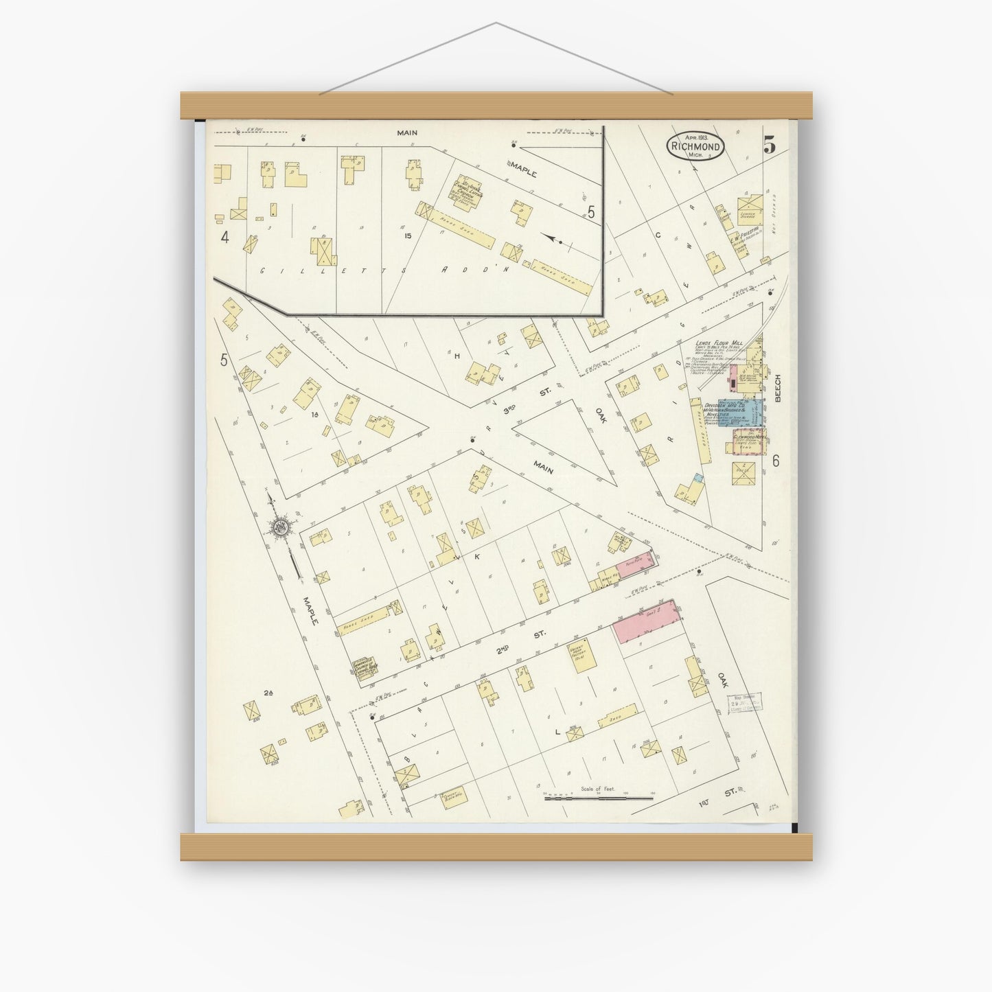 Old map wall art mockup — magnetic wood frame on white wall — Sanborn Fire Insurance Map from Richmond, Macomb County, Michigan (1913), Sheet #0005