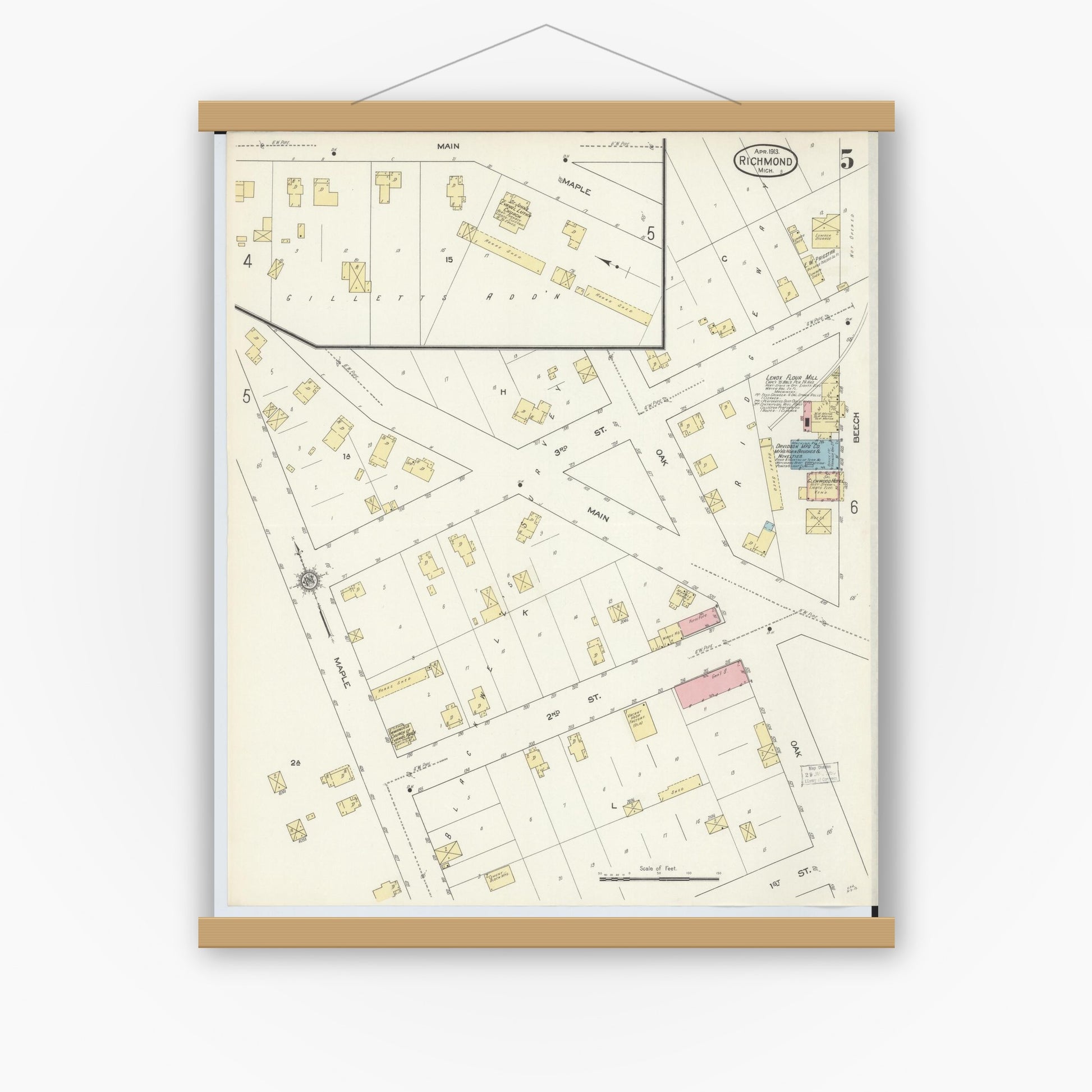 Old map wall art mockup — magnetic wood frame on white wall — Sanborn Fire Insurance Map from Richmond, Macomb County, Michigan (1913), Sheet #0005