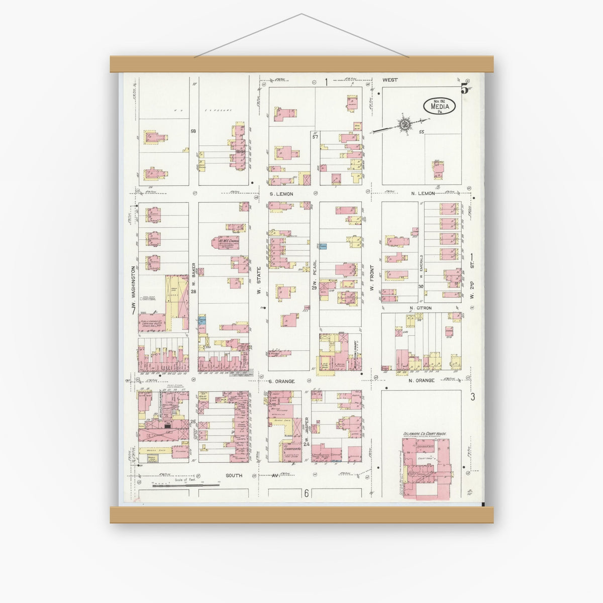 Old map wall art mockup — magnetic wood frame on white wall — Sanborn Fire Insurance Map from Media, Delaware County, Pennsylvania (1912), Sheet #0005