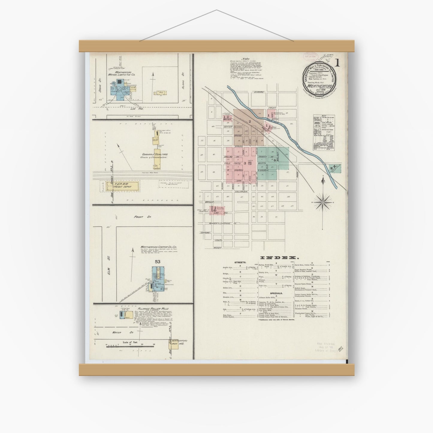 Old map wall art mockup — magnetic wood frame on white wall — Sanborn Fire Insurance Map from Weatherford, Parker County, Texas (1889), Sheet #0001