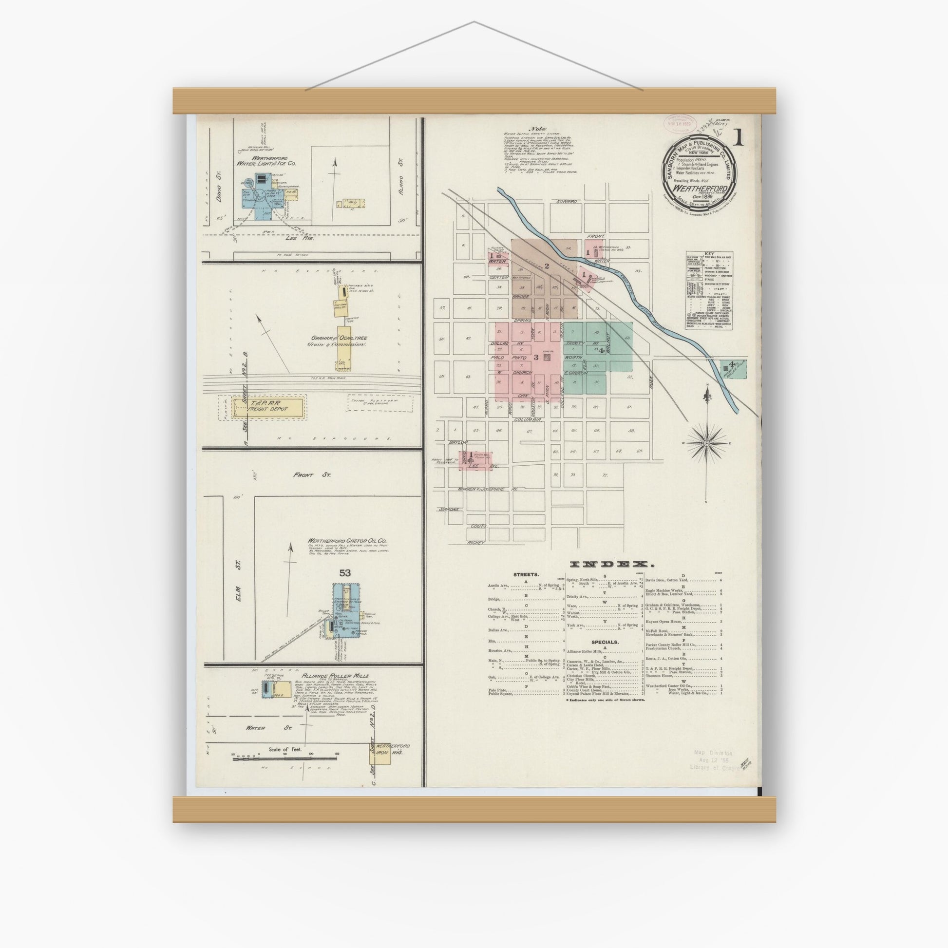 Old map wall art mockup — magnetic wood frame on white wall — Sanborn Fire Insurance Map from Weatherford, Parker County, Texas (1889), Sheet #0001