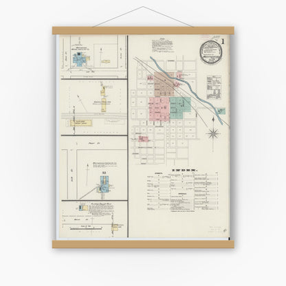 Old map wall art mockup — magnetic wood frame on white wall — Sanborn Fire Insurance Map from Weatherford, Parker County, Texas (1889), Sheet #0001