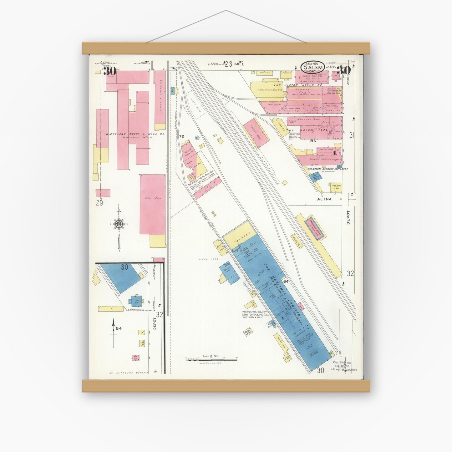 Old map wall art mockup — magnetic wood frame on white wall — Sanborn Fire Insurance Map from Salem, Columbiana County, Ohio (1926), Sheet #0030