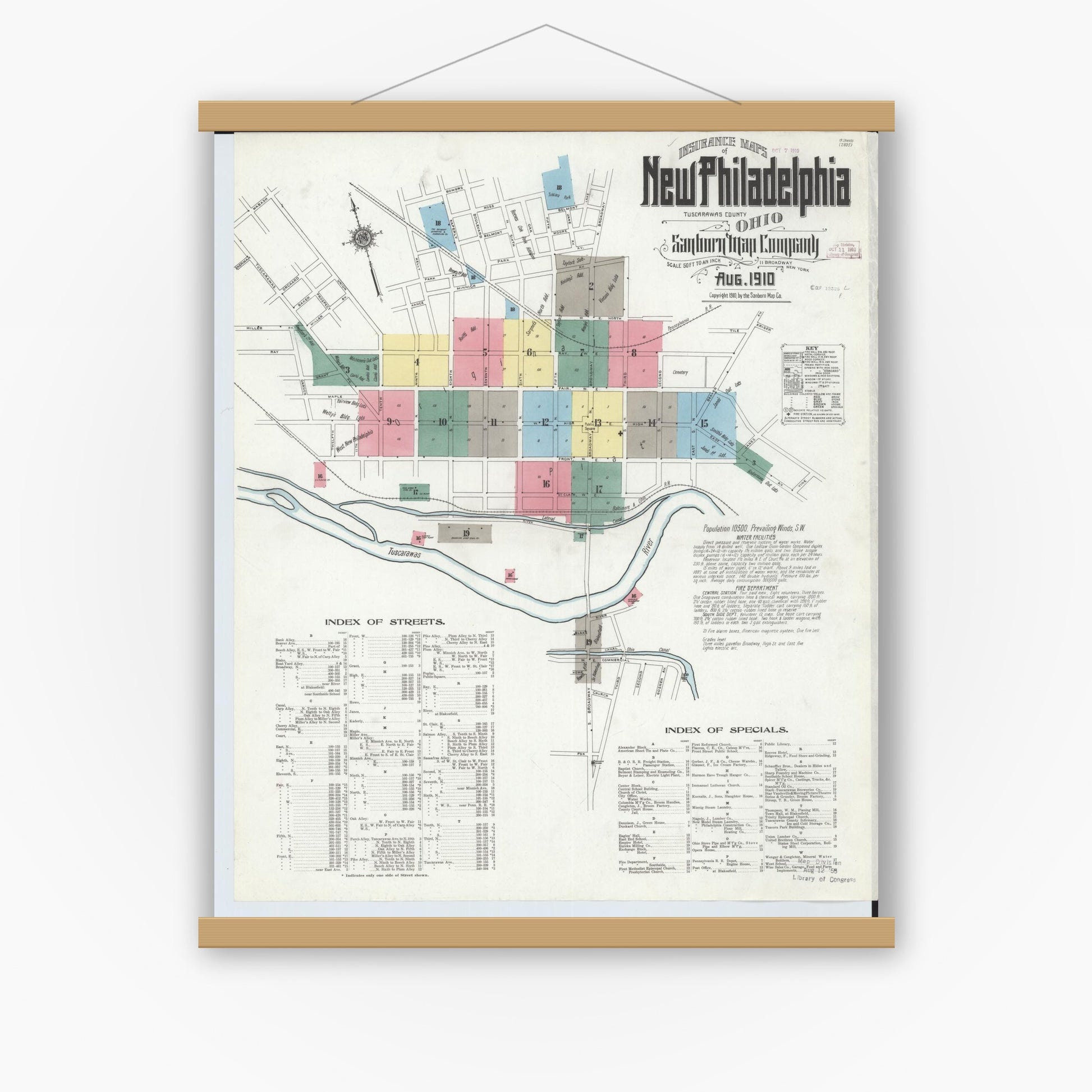 Old map wall art mockup — magnetic wood frame on white wall — Sanborn Fire Insurance Map from New Philadelphia, Tuscarawas County, Ohio (1910), Sheet #0001