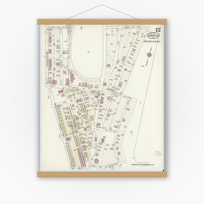 Old map wall art mockup — magnetic wood frame on white wall — Sanborn Fire Insurance Map from Ambridge, Beaver County, Pennsylvania (1917), Sheet #0012