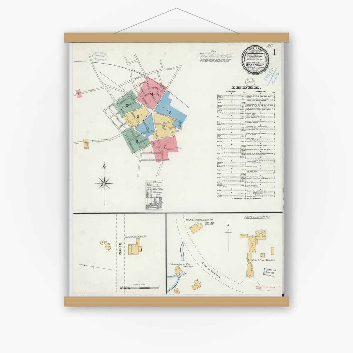 Old map wall art mockup — magnetic wood frame on white wall — Sanborn Fire Insurance Map from Westboro, Worcester County, Massachusetts (1899) - Complete Map Set