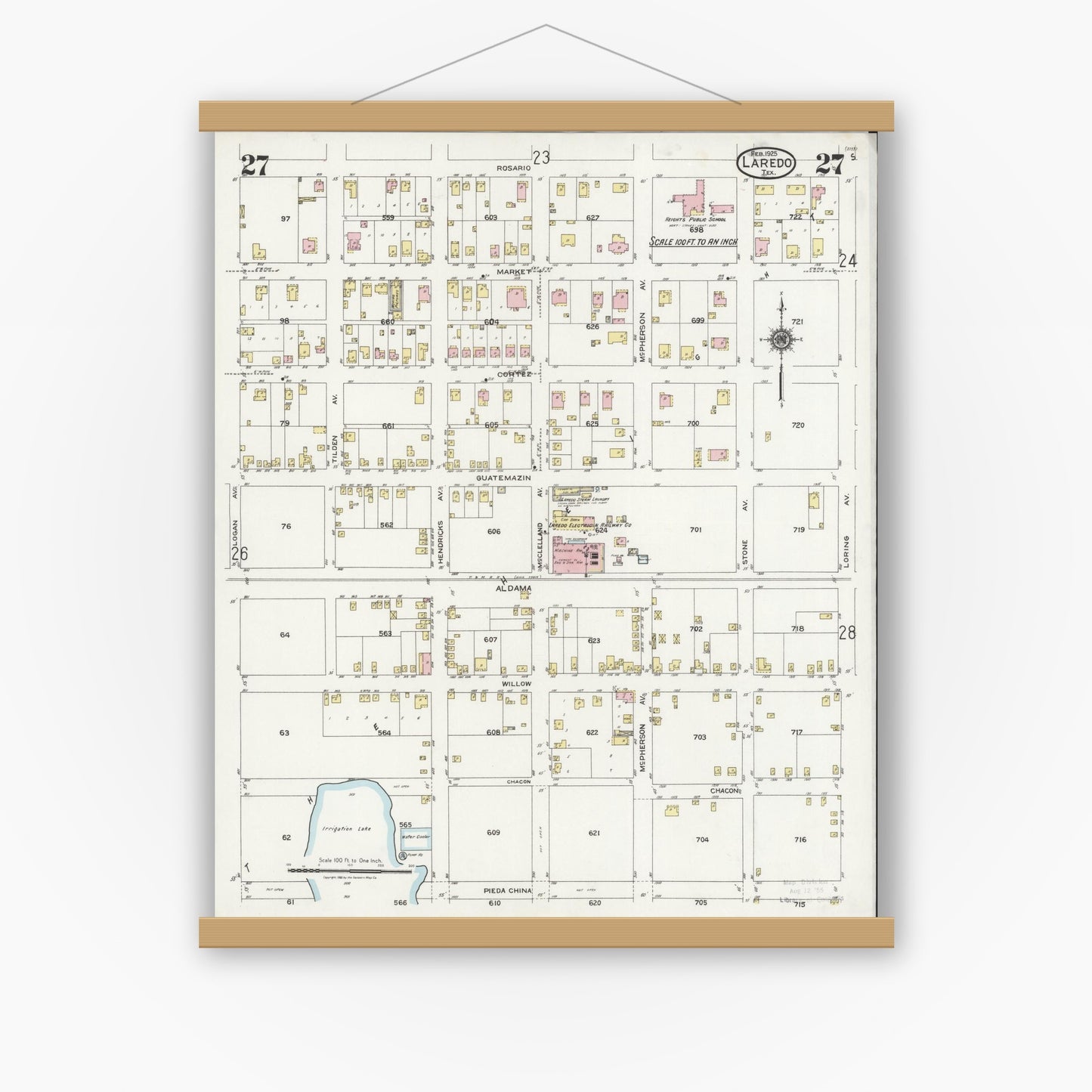 Old map wall art mockup — magnetic wood frame on white wall — Sanborn Fire Insurance Map from Laredo, Webb County, Texas (1925), Sheet #0027